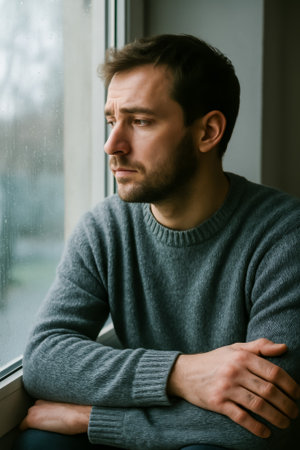 A young man with a pensive expression looking out a rainy window, lost in thoughtの素材