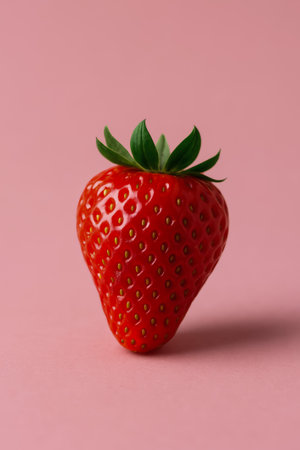 A close-up of a fresh strawberry against a soft pink background, showing its detailsの素材