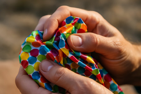 Hands gripping crumpled colorful polka dot wrapping paper with vivid patterns outdoorsの素材