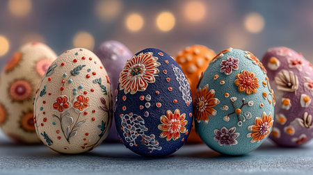 A collection of beautifully decorated easter eggs showcasing vibrant floral designs and patternsの素材
