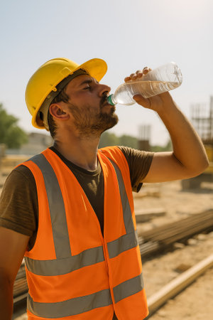 A construction worker in an orange vest drinks water while working under the sunの素材