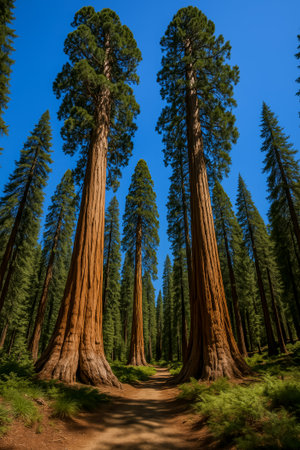 Majestic sequoia trees surrounding a peaceful dirt path in a lush forestの素材