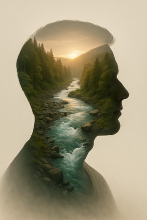 A creative double exposure showing a river landscape within a human profile silhouetteの素材