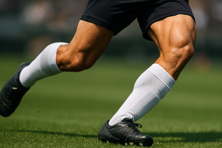 A soccer player sprinting on a grass field, showcasing athletic legs and sports attractsの素材