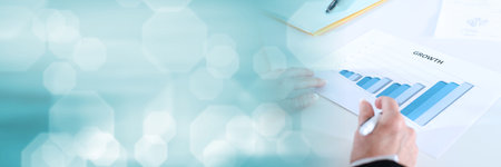 Analyzing growing results on a graph; panoramic bannerの写真素材