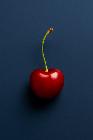 A vibrant red cherry with a green stem against a dark blue backdrop for appealing presentationの素材