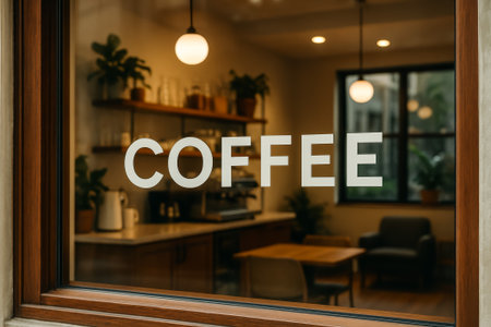 A clear window displays the word coffee with a cozy cafÃ© setting insideの素材