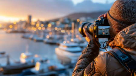 A photographer takes advantage of the sunset to capture the marina's beauty on cameraの素材