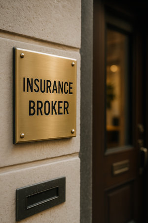 A close-up view of a brass sign indicating the presence of an insurance brokerの素材