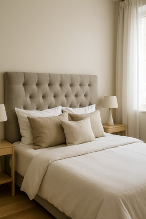A peaceful bedroom featuring a plush headboard, soft pillows, and natural lightの素材