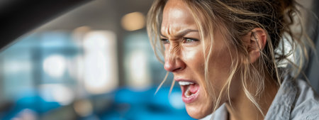 A young woman with an angry expression yelling inside a car, showing frustrationの素材