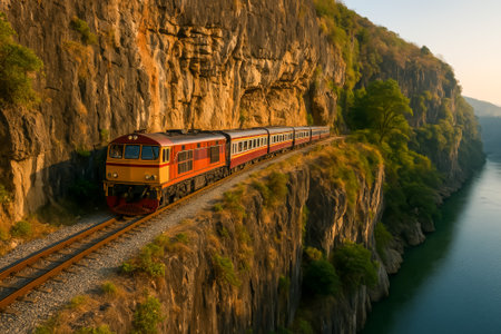 A train navigates a cliffside track beside a tranquil river, showcasing stunning landscapesの素材