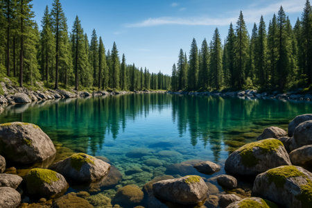 A tranquil lake reflecting evergreen trees and clear blue sky, with rocks in foregroundの素材