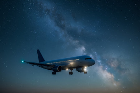 An airplane in flight against a backdrop of the starry night and milky wayの素材