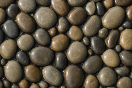 A close-up view of smooth pebbles displaying a range of earthy colors and texturesの素材