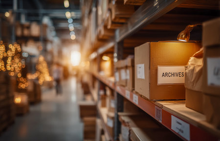 Archive boxes neatly organized on shelves, with warm lighting and a blurred backgroundの素材
