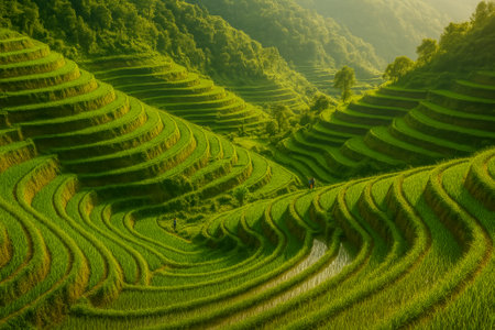 Beautiful terraced rice fields surrounded by mountains and lush greenery under soft sunlightの素材