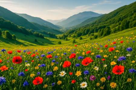 A picturesque meadow adorned with colorful wildflowers and surrounded by scenic mountainsの素材