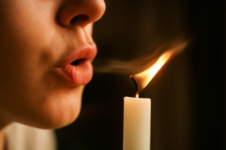 A close-up of lips blowing on a candle, creating a soft flame and smokeの素材