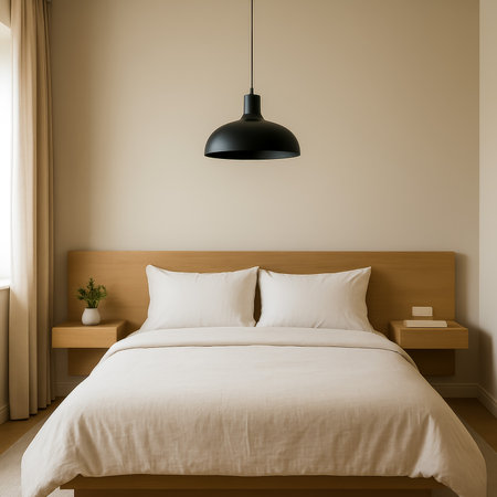 A cozy minimalist bedroom featuring a wooden bed, soft linens, and elegant decorの素材