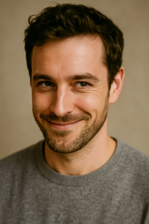 A smiling man with a beard wearing a gray sweater, showing a warm and cheerful demeanorの素材