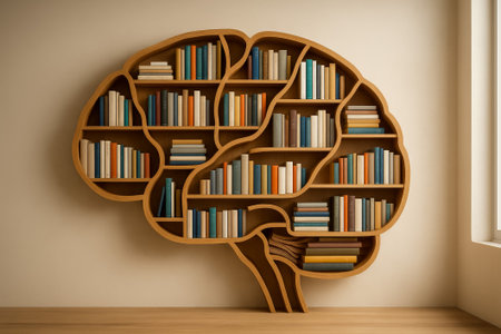 A unique bookshelf shaped like a human brain, filled with colorful books on displayの素材