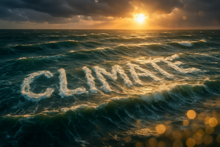 Ocean waves spell out the word climate during a beautiful sunsetの素材