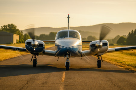 A small airplane taxis on the runway during sunset, creating a scenic aviation momentの素材