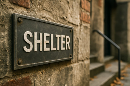 A close-up view of a shelter sign mounted on a stone wall with steps nearbyの素材