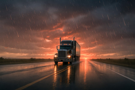 A truck on a wet road with rainfall, showing a dramatic sunset backdropの素材