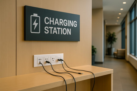 A designated charging station featuring multiple plugs and connected cables in a contemporary settingの素材