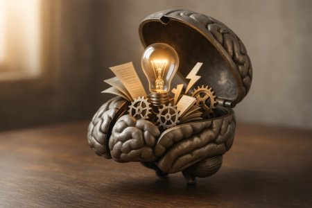 A unique brain sculpture filled with gears, light bulb, and creative elements symbolizes innovationの素材