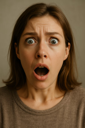 A young woman with wide eyes and an open mouth shows her shock and fearの素材