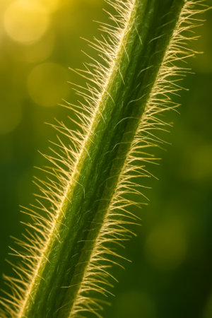 A macro shot of a green stem showing fine hairs on its surfaceの素材