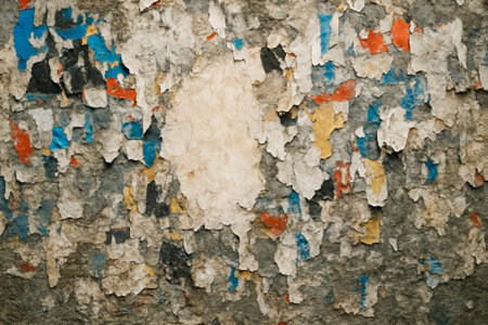A close-up of a textured wall showing casing peeling paint in various vibrant colors and patternsの素材