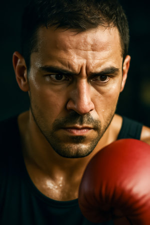 A focused boxer sweating while training with red gloves in a dimly lit spaceの素材