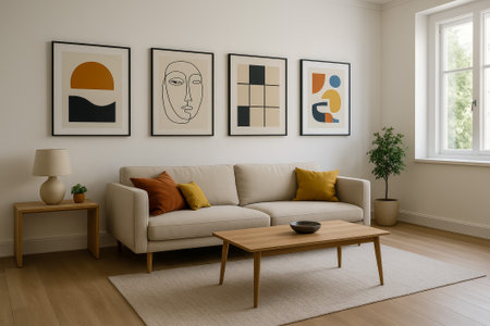 A modern living room featuring minimalist decor, stylish furniture, and artistic wall artの素材
