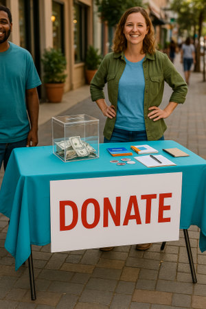 A smiling woman and man promote a donation campaign at a fundraising table outsideの素材
