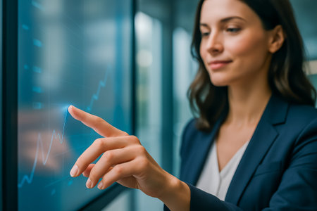 A businesswoman engages with a touchscreen displaying a graph, signifying data analysis and technologyの素材