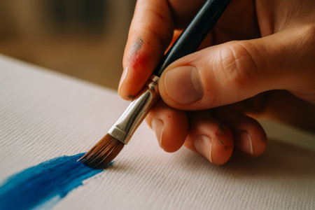 A hand using a brush to paint a blue stroke on textured canvasの素材