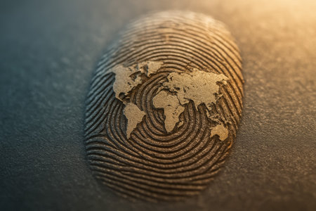 A close-up of a fingerprint featuring a world map, symbolizing global identity and unityの素材