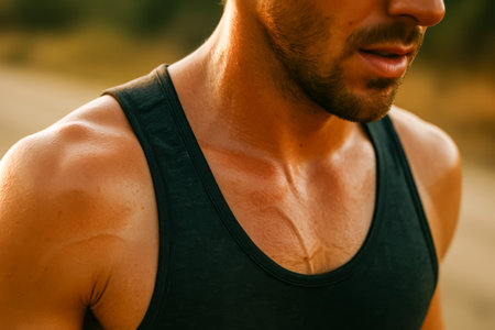 A close-up of a muscular man's chest and shoulder glistening with sweat during exerciseの素材
