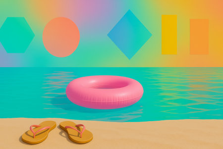 A vibrant pool scene featuring a pink float and stylish beach sandals on sandy shoreの素材