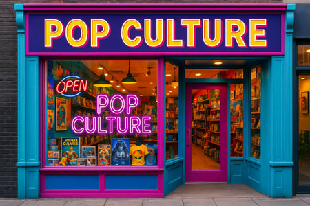 A lively pop culture store showcasing vibrant merchandise in a welcoming atmosphereの素材