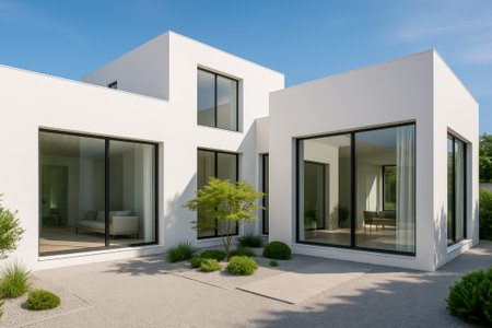 A sleek modern house featuring large windows and minimalist architecture in a garden settingの素材