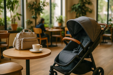 A stylish stroller beside a bag and coffee cup in a vibrant cafÃ© settingの素材