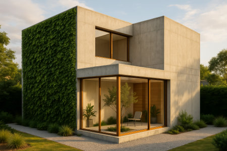 A contemporary concrete house featuring large windows, greenery, and a serene outdoor settingの素材