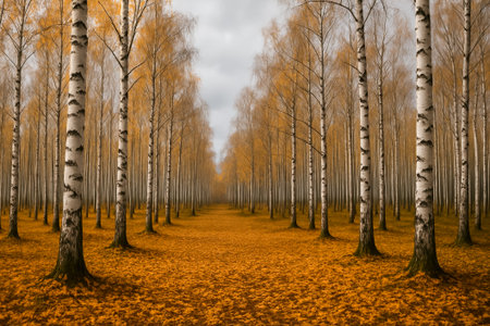 A tranquil pathway lined with birch trees showing vibrant autumn foliage and fallen leavesの素材