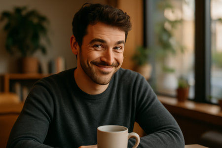 A young man smiles warmly while holding a coffee cup in a cozy cafe settingの素材