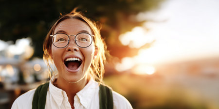 A young woman with glasses joyfully smiling at sunset in an outdoor environmentの素材